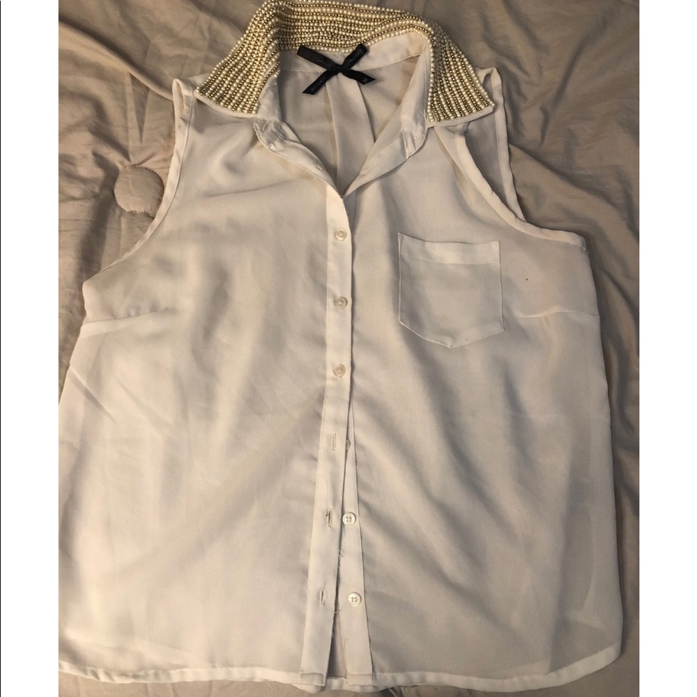 White Blouse with Pearl Collar